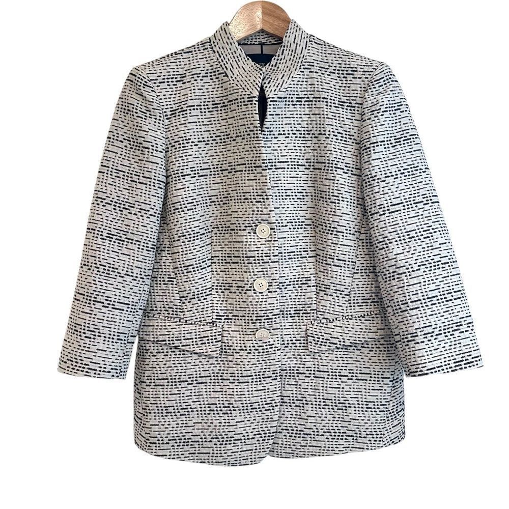 Lafayette 148 New York Cream, Black and Brown Patterned Mandarin Collar Blazer
